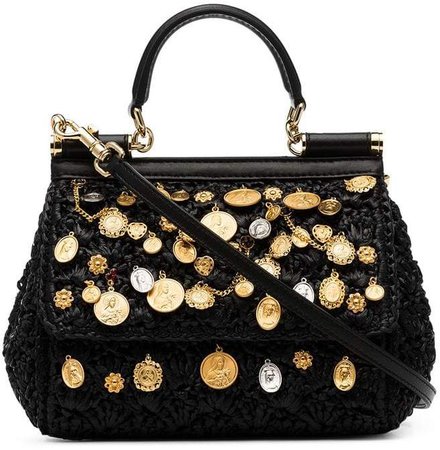 black Sicily charm-embellished raffia shoulder bag
