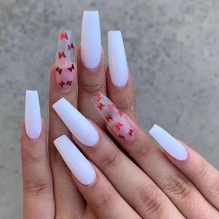 White Press on Nails Coffin Butterfly Fake Nails Long Acrylic Full Cover False Nails Tips for Women and Girls 24PCS - Walmart.com