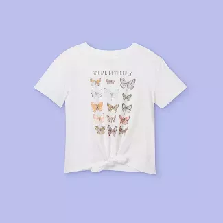 Girls' 'Social Butterflies' Tie-Front Short Sleeve Graphic T-Shirt - More Than Magic™ White : Target