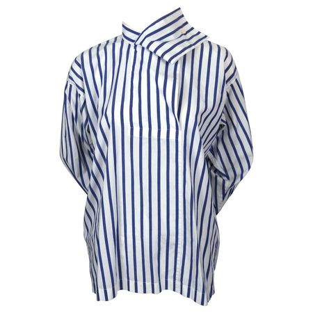 1980's ISSEY MIYAKE blue and white striped cotton shirt with draped neckline For Sale at 1stDibs