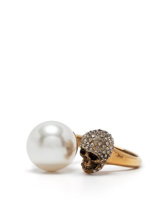 Shop Alexander McQueen pearl-embellished skull ring with Express Delivery - FARFETCH