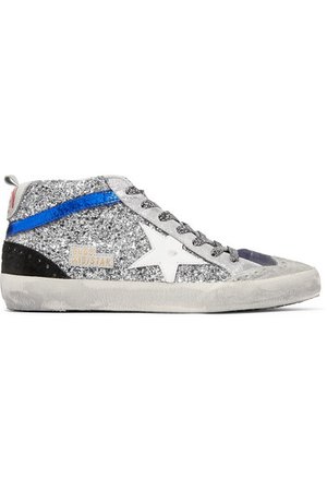 Golden Goose Deluxe Brand | Mid Star glittered distressed leather and suede sneakers | NET-A-PORTER.COM