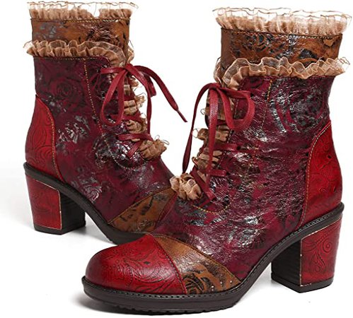 Amazon.com | gracosy Women's Ankle Boots Retro Ethnic Red Unique Exquisitely Hand Made Leather Booties Splicing Pattern with Lace Block Heel Boots Vibrant Comfortable 11 | Knee-High