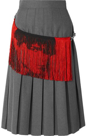 Fringed Distressed Pleated Twill Skirt - Gray