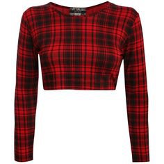 KIRSTEN LONG SLEEVE TARTAN CHECK PRINT CROP TOP IN RED ($20) ❤ liked on Polyvore featuring tops, shirts, crop top, red plaid shirt, long-sleeve crop tops, long sleeve shirts and white crop top