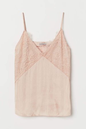 Satin Camisole Top with Lace - Beige
