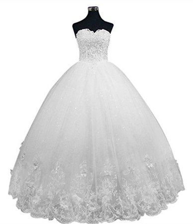 Princess Bling Strapless Crystal Beaded Applique Lace Wedding Dresses Ball Gown