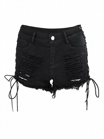 Black Low Waist Ripped Lace Up Side Denim Shorts | Choies