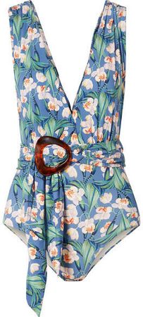 Belted Floral-print Swimsuit - Blue