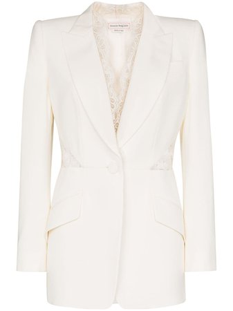 Shop white Alexander McQueen lace insert single breasted blazer with Express Delivery Farfetch