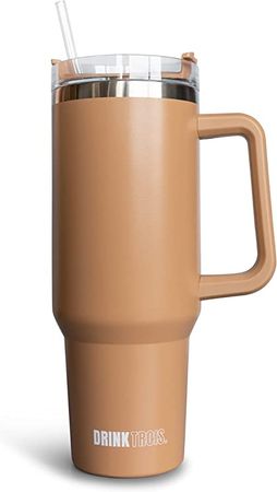Drink Trois 40 oz Side Sipper, Stainless Steel Travel Tumbler with Handle, Lid and Straw- Keeps Drinks Cold or Hot for Hours- Leak Proof (Mocha)