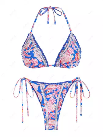 ZAFUL Women's Bohemian Floral Print Crochet Insert Halter Tie Triangle String Bikini Set Matching Two Piece Swimwear In BLUE | ZAFUL 2024