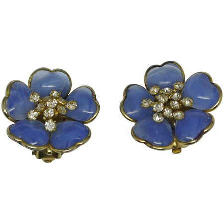 Vintage Chanel Gripoix Poured Glass Blue Flower Earrings For Sale at 1stdibs
