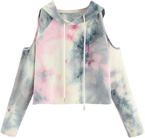 SweatyRocks Women's Cold Shoulder Tie Dye Pullover Hoodie Crop Top Sweatshirt Camo Large at Amazon Women’s Clothing store
