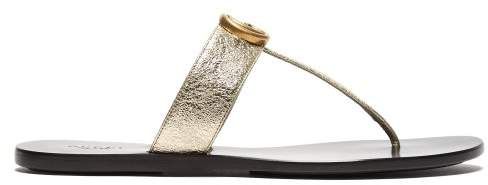 Gg Marmont Flat Leather Sandals - Womens - Gold