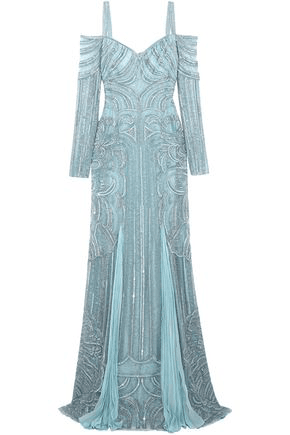 Zuhair Murad Woman Cold-Shoulder Embellished Silk-Bend Lace Gown Sky Blue | ModeSens