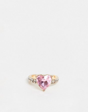ASOS DESIGN ring with pink crystal heart in gold tone | ASOS