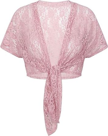 WinChang Women's Short Sleeve Sheer Floral Lace Shrug Top Tie Front Cropped Bolero Cardigan Pink One Size at Amazon Women’s Clothing store