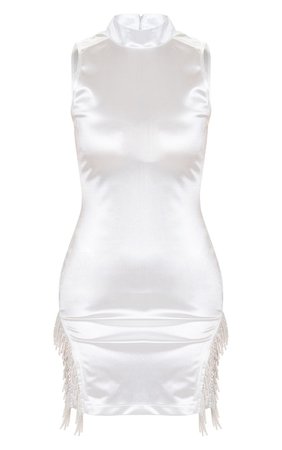 White Satin High Neck Diamante Trim Bodycon Dress | PrettyLittleThing