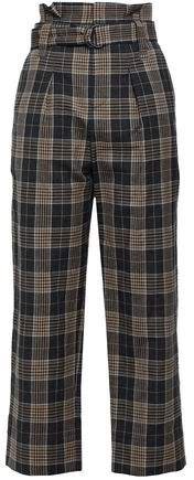 Belted Checked Wool And Linen-blend Straight-leg Pants