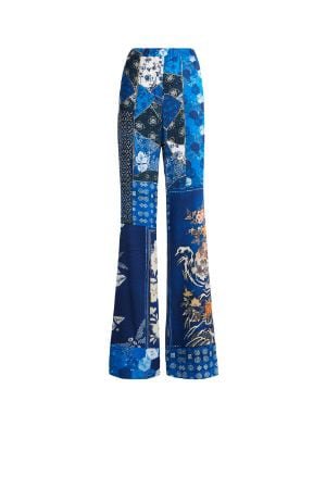Oriental Patchwork-Print Flared Trousers | Roberto Cavalli Flared & Bell-Bottom Pants