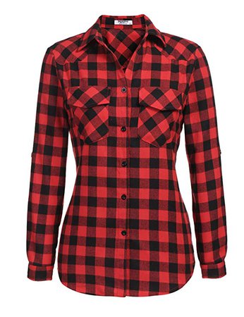 Zeagoo Womens Flannels Long/Roll Up Sleeve Plaid Shirts Cotton Check Gingham Top S-3XL ... at Amazon Women’s Clothing store