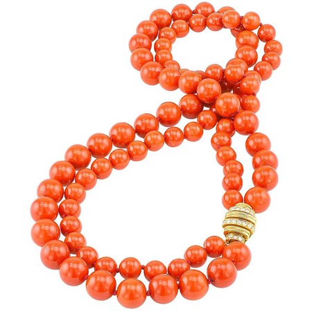 Red Coral Bead Diamond Gold Necklace