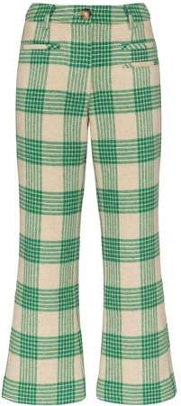checked kick flared trousers
