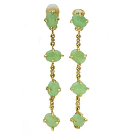 1980s Valentino Long Gold Tone and Sea Foam Clip Back Green Earrings For Sale at 1stdibs