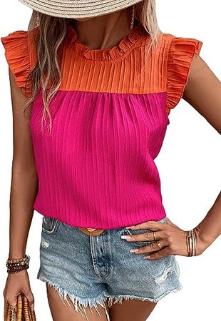 Milumia Women's Color Block Mock Neck Flutter Sleeve Keyhole Blouse Casual Work Tops at Amazon Women’s Clothing store