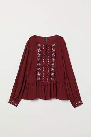 Crinkled Embroidered Blouse - Red
