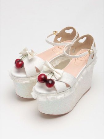 White cherry platform heels
