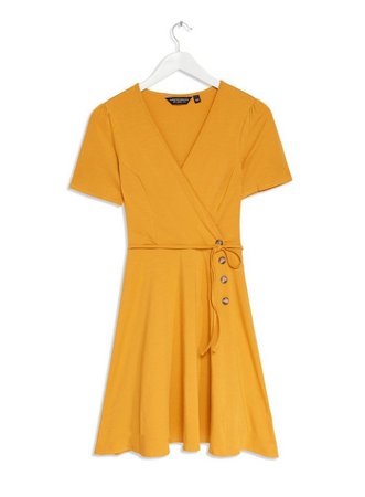 Yellow Horn Button Detail Wrap Dress | Dorothy Perkins