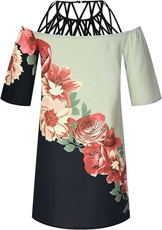Summer Casual Dresses for Women Vintage Print Midi Dress Cut Out Neck Half Sleeve Dress Loose Comfy Beach Sundress at Amazon Women’s Clothing store