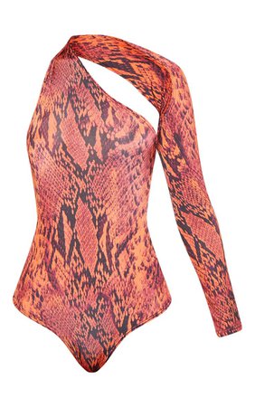 Orange Snake One Shoulder Asymmetric Bodysuit | PrettyLittleThing