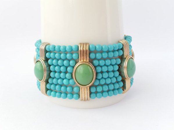 Turquoise blue glass faux jade bracelet Etruscan style bead | Etsy
