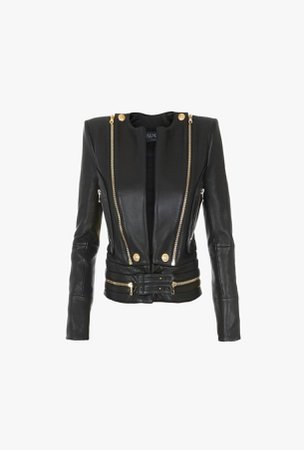 ‎ ‎ ‎Leather Jacket With Gold Tone Zipper Accents ‎ for ‎Women‎ - Balmain.com
