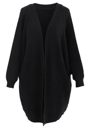 Batwing Ribbed Knit Longline Cardigan in Black - Retro, Indie and Unique Fashion