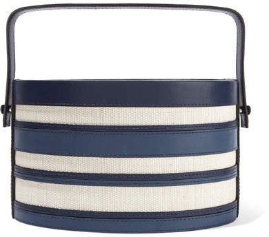 Hunting Season - Trunk Striped Leather And Raffia Tote - Navy