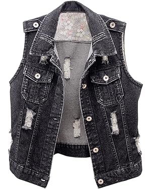 Kedera Womens Denim Jean Vest Classic Junior Button Up Cropped Distressed Sleeveless Jean Jacket at Amazon Women's Coats Shop