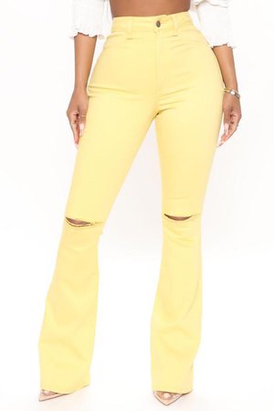Here To Stay Flare Jeans - Yellow, Jeans | Fashion Nova