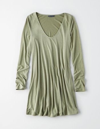 AE Long Sleeve Knit Swing Dress, Olive | American Eagle Outfitters