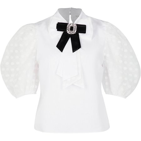River Island white puff sleeve bow blouse top