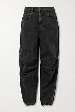 Paneled Denim And Shell Boyfriend Jeans - Charcoal