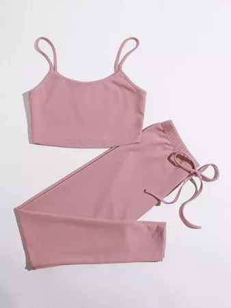 Rib-knit Crop Cami Top & Solid Joggers Set | SHEIN USA pink