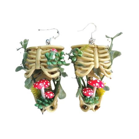 Skeleton Earrings with Red Mushrooms by BetazedCreative