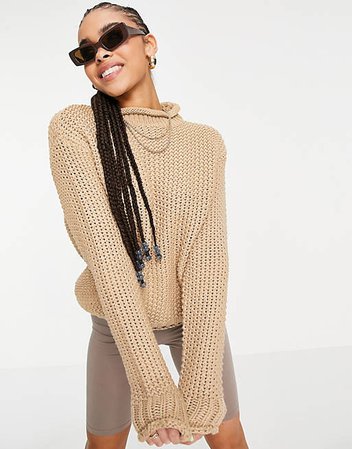 NA-KD waffle knit high neck sweater in beige | ASOS