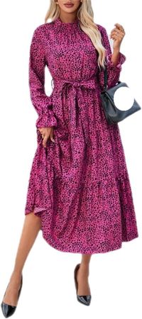 PZLDEYTAY Women's Floral Fall Casual Dress Crewneck Puff Sleeve Boho Midi Dresses Ruched Bust High Waist Long Dress at Amazon Women’s Clothing store