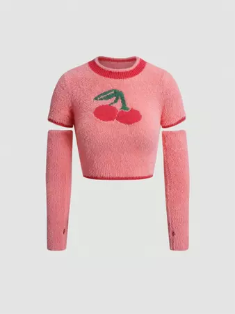 SHEIN Qutie Cherry Pattern Contrast Binding Crop Sweater With Arm Sleeves | SHEIN USA