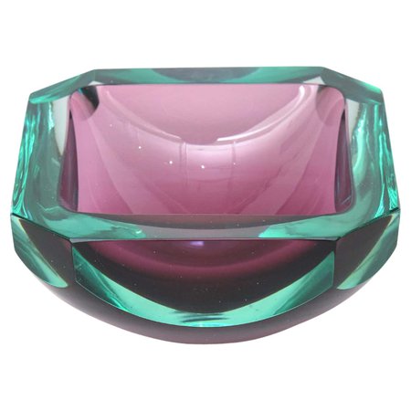 Murano Jewel Toned Emerald Green and Purple Faceted Glass Bowl Vintage Italian For Sale at 1stDibs